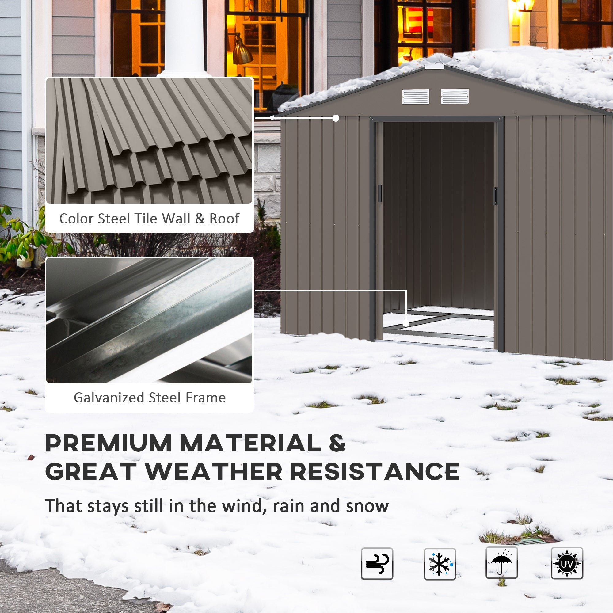 9 x 6FT Garden Metal Storage Shed Outdoor Storage Shed with Foundation Ventilation & Doors, Brown-3