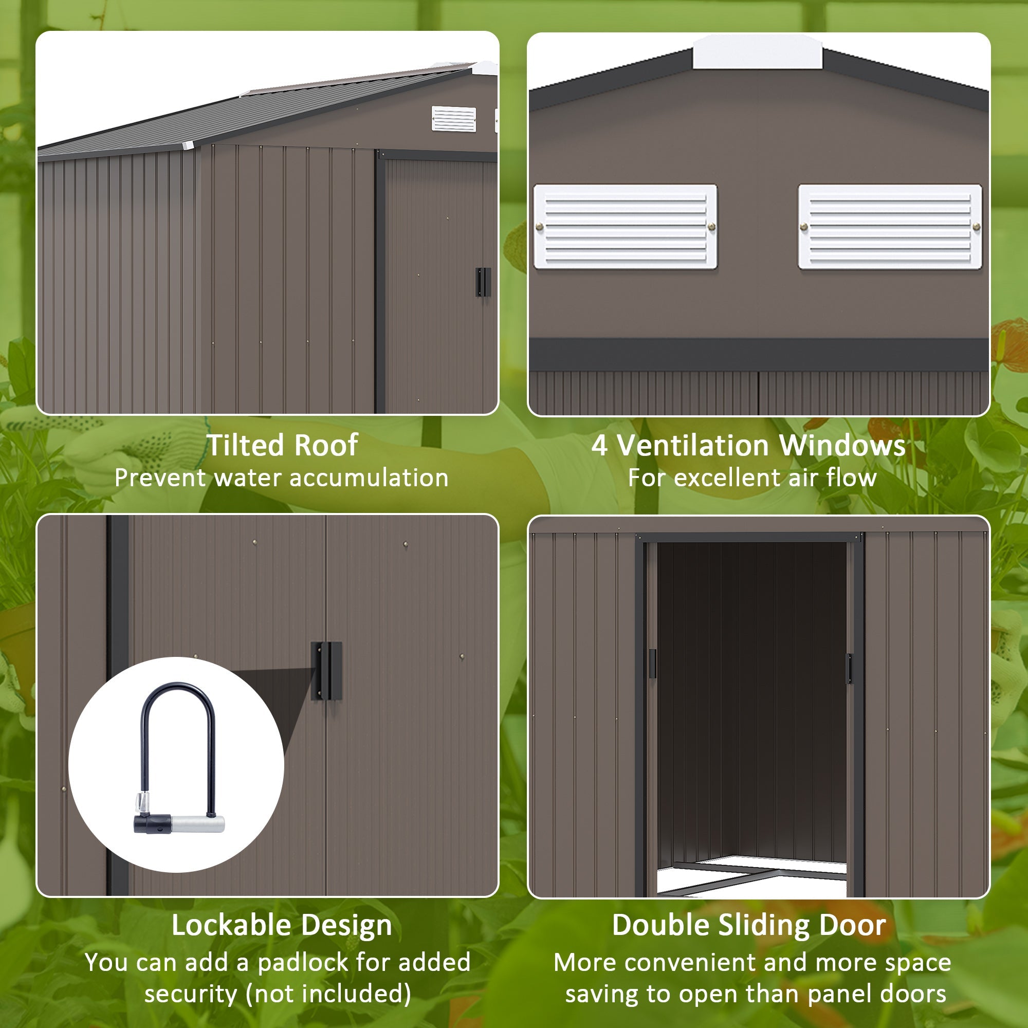 9 x 6FT Garden Metal Storage Shed Outdoor Storage Shed with Foundation Ventilation & Doors, Brown-4