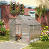 Outsunny 6' x 6' Polycarbonate Greenhouse with Aluminum Frame, Adjustable Roof Vent, Rain Gutters, and Sliding Door, Silver