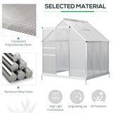 Outsunny 6' x 6' Polycarbonate Greenhouse with Aluminum Frame, Adjustable Roof Vent, Rain Gutters, and Sliding Door, Silver