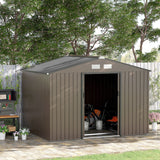 9 x 6FT Garden Metal Storage Shed Outdoor Storage Shed with Foundation Ventilation & Doors, Brown-1