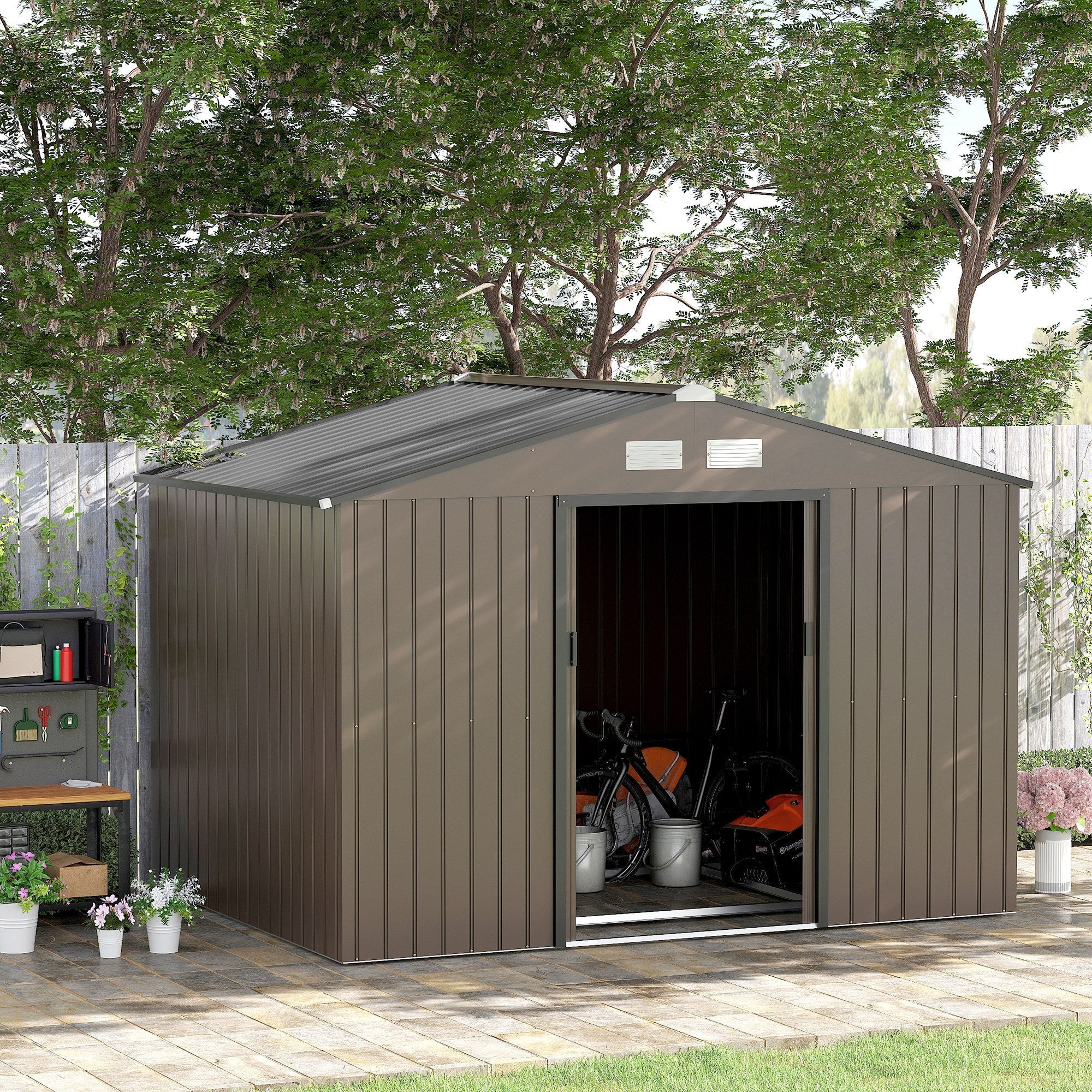 9 x 6FT Garden Metal Storage Shed Outdoor Storage Shed with Foundation Ventilation & Doors, Brown-1