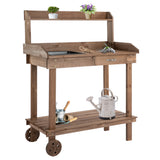 Outsunny 36" Wooden Potting Table with 2 Wheels, Removable Sink, Drawer & Storage Shelf, Brown