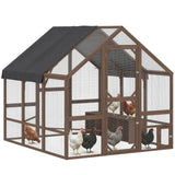 PawHut Large Wooden Chicken Coop for 8-10 Hens, with Walk-in Chicken Run, Waterproof Cover, Nesting Boxes and Perches, Dark Brown