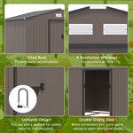 9 x 6FT Garden Metal Storage Shed Outdoor Storage Shed with Foundation Ventilation & Doors, Brown-4