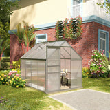 Outsunny 8' x 6' Polycarbonate Greenhouse with Aluminum Frame, Adjustable Roof Vent, Rain Gutters, and Sliding Door, Silver