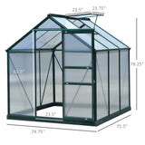 Outsunny 6' x 6' Polycarbonate Greenhouse with Aluminum Frame, Adjustable Roof Vent, Rain Gutters, and Sliding Door, Dark Green