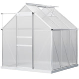 Outsunny 6' x 6' Polycarbonate Greenhouse with Aluminum Frame, Adjustable Roof Vent, Rain Gutters, and Sliding Door, Silver
