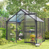 Outsunny 6' x 6' Polycarbonate Greenhouse with Aluminum Frame, Adjustable Roof Vent, Rain Gutters, and Sliding Door, Dark Gray