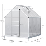 Outsunny 6' x 6' Polycarbonate Greenhouse with Aluminum Frame, Adjustable Roof Vent, Rain Gutters, and Sliding Door, Silver