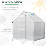 Outsunny 6' x 6' Polycarbonate Greenhouse with Aluminum Frame, Adjustable Roof Vent, Rain Gutters, and Sliding Door, Silver