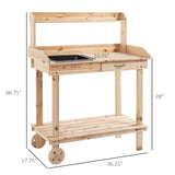 Outsunny 36" Wooden Potting Table with 2 Wheels, Removable Sink, Drawer & Storage Shelf, Natural