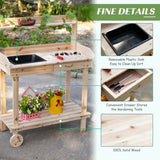 Outsunny 36" Wooden Potting Table with 2 Wheels, Removable Sink, Drawer & Storage Shelf, Natural