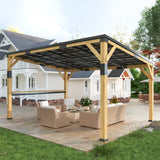Outsunny 10' x 14' Wooden Gazebo, Hardtop Lean-to Gazebo with Galvanized Steel Sloped Roof, Bar Shelf, Natural Wood