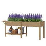 Outsunny 7.8' x 2' x 2.6' Elevated Wooden Planter Bed with Side Table, Shelf, Bed Liner & Drain Holes, Tan