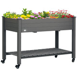Outsunny 47" x 21" Elevated Wooden Planter Bed with Lockable Wheels, Storage Shelf, Filter Fabric & Drainage Holes, Gray