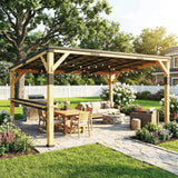 Outsunny 10' x 14' Wooden Gazebo, Hardtop Lean-to Gazebo with Galvanized Steel Sloped Roof, Bar Shelf, Natural Wood