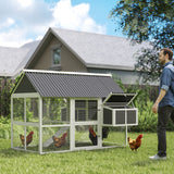 PawHut Wooden Chicken Coop with Run, 2 Nesting Boxes, 2 Roosting Bars, Ramp & Tray, 6-8 Chickens, Gray