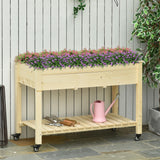 Outsunny 47" x 21" Elevated Wooden Planter Bed with Lockable Wheels, Storage Shelf, Filter Fabric & Drainage Holes, Natural