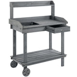 Outsunny 36" Wooden Potting Table with 2 Wheels, Removable Sink, Drawer & Storage Shelf, Gray