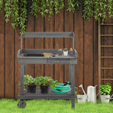 Outsunny 36" Wooden Potting Table with 2 Wheels, Removable Sink, Drawer & Storage Shelf, Gray