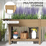 Outsunny 7.8' x 2' x 2.6' Elevated Wooden Planter Bed with Side Table, Shelf, Bed Liner & Drain Holes, Tan