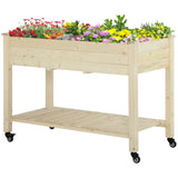 Outsunny 47" x 21" Elevated Wooden Planter Bed with Lockable Wheels, Storage Shelf, Filter Fabric & Drainage Holes, Natural