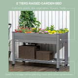 Outsunny 47" x 21" Elevated Wooden Planter Bed with Lockable Wheels, Storage Shelf, Filter Fabric & Drainage Holes, Gray