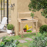 Outsunny 36" Wooden Potting Table with 2 Wheels, Removable Sink, Drawer & Storage Shelf, Natural
