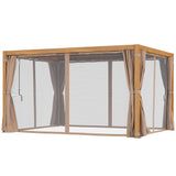 Outsunny 10' x 13' Outdoor Retractable Pergola with Sun Shade, Aluminum Louvered Top, Curtains, Netting, Natural Wood Tone