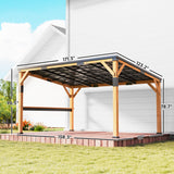 Outsunny 10' x 14' Wooden Gazebo, Hardtop Lean-to Gazebo with Galvanized Steel Sloped Roof, Bar Shelf, Natural Wood