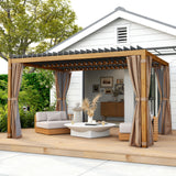 Outsunny 10' x 13' Outdoor Retractable Pergola with Sun Shade, Aluminum Louvered Top, Curtains, Netting, Natural Wood Tone