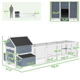 PawHut 156" Extra Large Wooden Chicken Coop with 2 Nesting Boxes, Run Cage, Waterproof Wave Roof, for 10-15 Chickens, Light Gray