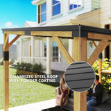 Outsunny 10' x 14' Wooden Gazebo, Hardtop Lean-to Gazebo with Galvanized Steel Sloped Roof, Bar Shelf, Natural Wood