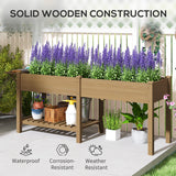 Outsunny 7.8' x 2' x 2.6' Elevated Wooden Planter Bed with Side Table, Shelf, Bed Liner & Drain Holes, Tan