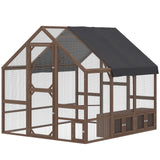 PawHut Large Wooden Chicken Coop for 8-10 Hens, with Walk-in Chicken Run, Waterproof Cover, Nesting Boxes and Perches, Dark Brown
