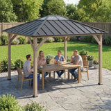 Outsunny 10' x 16' Wood Frame Gazebo with Hardtop Galvanized Steel Roof, UPF50+ Sun Protection, Clear Roof Top, Light Walnut