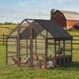 PawHut Large Wooden Chicken Coop for 8-10 Hens, with Walk-in Chicken Run, Waterproof Cover, Nesting Boxes and Perches, Dark Brown
