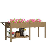 Outsunny 7.8' x 2' x 2.6' Elevated Wooden Planter Bed with Side Table, Shelf, Bed Liner & Drain Holes, Tan