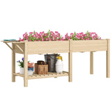 Outsunny 7.8' x 2' x 2.6' Elevated Wooden Planter Bed with Side Table, Shelf, Bed Liner & Drain Holes, Natural