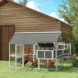 PawHut Wooden Chicken Coop with Run, 2 Nesting Boxes, 2 Roosting Bars, Ramp & Tray, 6-8 Chickens, Gray