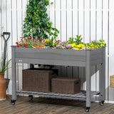 Outsunny 47" x 21" Elevated Wooden Planter Bed with Lockable Wheels, Storage Shelf, Filter Fabric & Drainage Holes, Gray