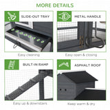 PawHut 84" Wooden Chicken Coop for 2-3 Chickens with Run, Nesting Box, Asphalt Roof, Removable Tray, Ramp, Gray