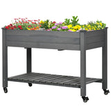 Outsunny 47" x 21" Elevated Wooden Planter Bed with Lockable Wheels, Storage Shelf, Filter Fabric & Drainage Holes, Gray