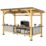 Outsunny 13' x 6' Wooden BBQ Grill Gazebo, Outdoor Hardtop Metal Roof, 2 Bar Shelves and 6 Hooks, Natural Wood