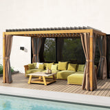 Outsunny 10' x 13' Outdoor Retractable Pergola with Sun Shade, Aluminum Louvered Top, Curtains, Netting, Natural Wood Tone