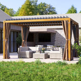 Outsunny 10' x 13' Outdoor Retractable Pergola with Sun Shade, Aluminum Louvered Top, Curtains, Netting, Natural Wood Tone
