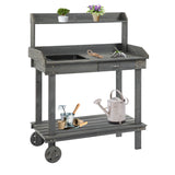 Outsunny 36" Wooden Potting Table with 2 Wheels, Removable Sink, Drawer & Storage Shelf, Gray