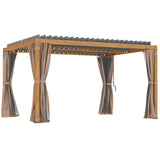Outsunny 10' x 13' Outdoor Retractable Pergola with Sun Shade, Aluminum Louvered Top, Curtains, Netting, Natural Wood Tone