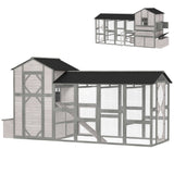 PawHut 147" Extra Large Wooden Chicken Coop for 8–10 Hens, with Run, Predator-Proof Mesh, Gray